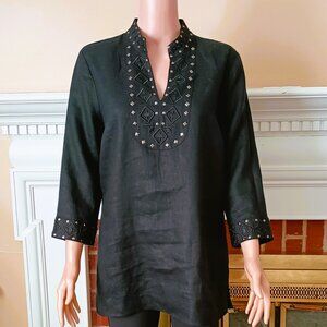 Madison Black Linen V-Neck Top L Silver Studded Neckline & 3/4 Sleeves Blouse